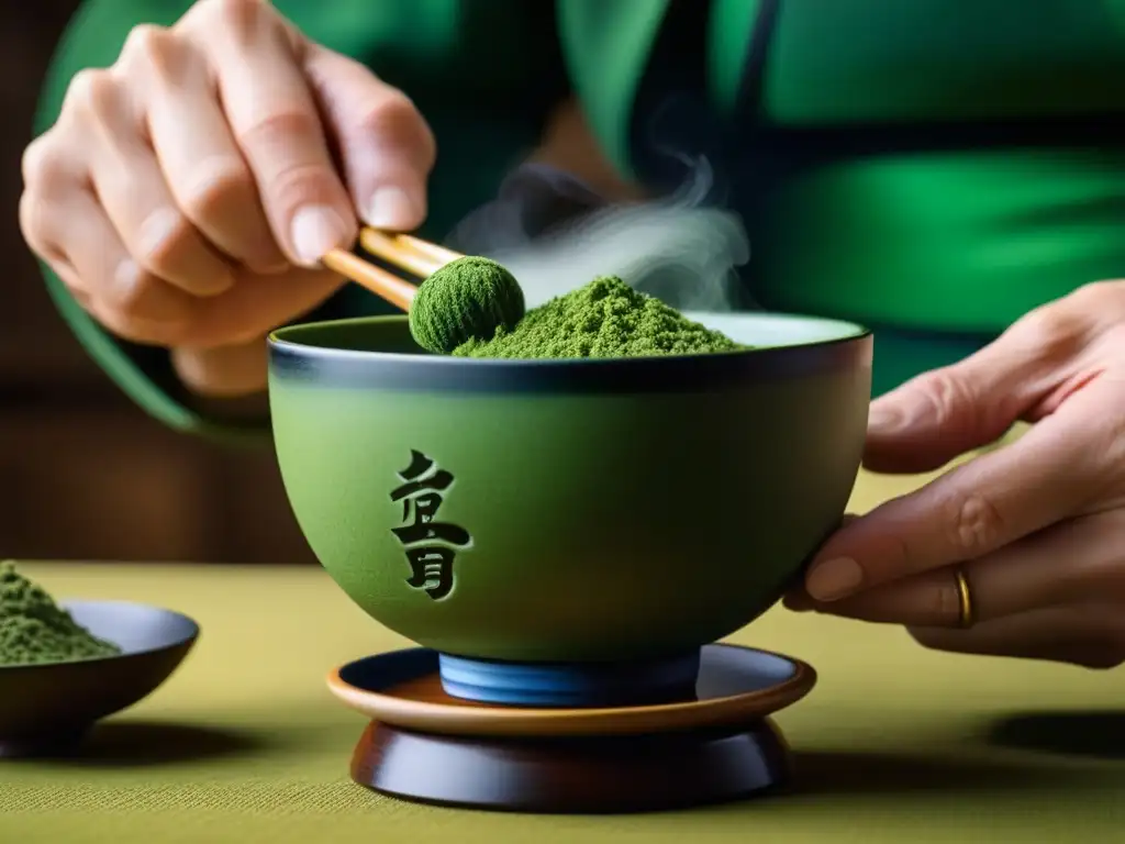 Manos expertas en ceremonia japonesa de té mezclando matcha en cuenco de cerámica