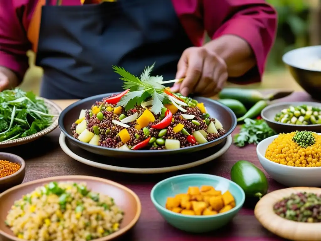 Las manos expertas de un chef boliviano creando un plato histórico del carnaval de Oruro con quinua, papas y ajíes