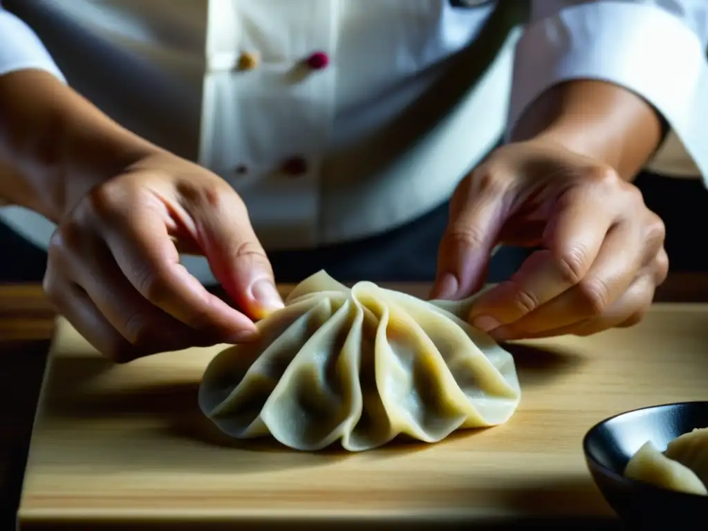 Manos expertas de chef fusionan cocina asiática con influencia europea en la elaboración de un dumpling tradicional