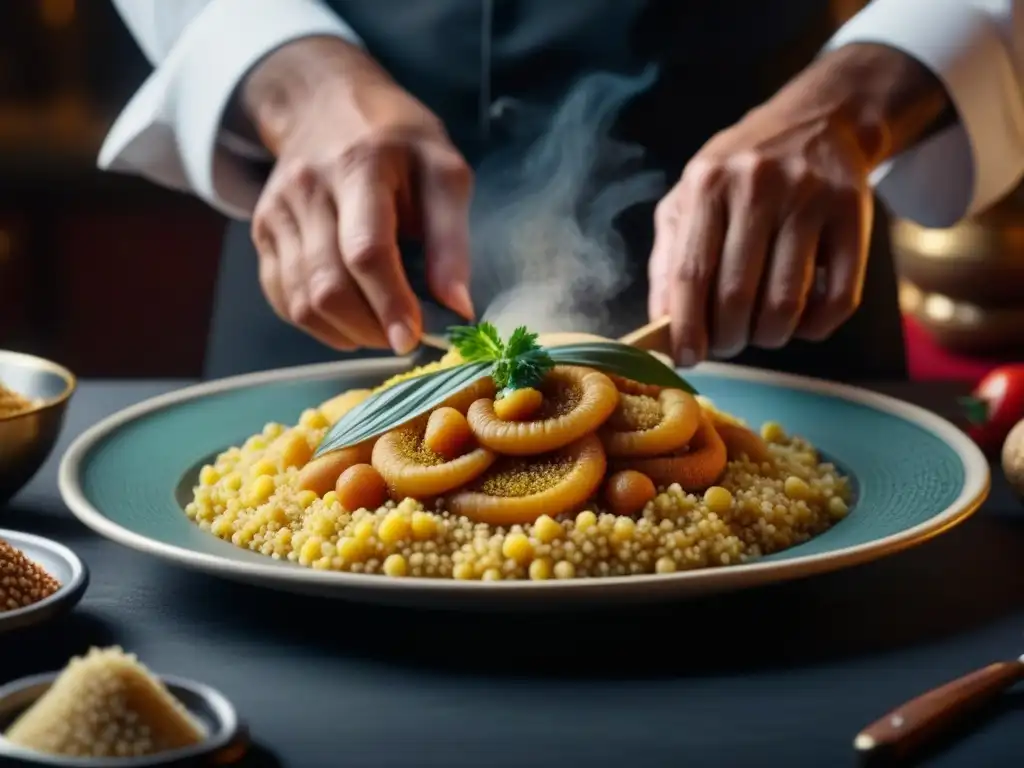 Las manos expertas de un chef moldeando couscous magrebí, destacando la importancia de la cocina de los zocos