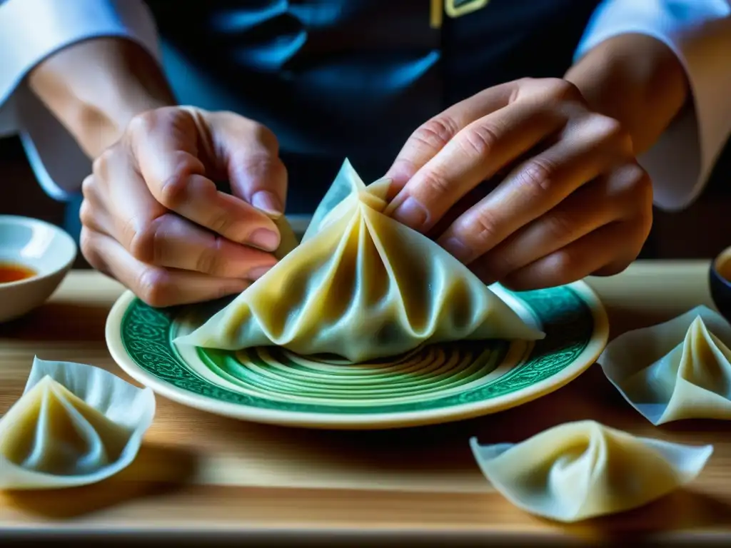 Manos expertas de chef creando wonton, reflejando la influencia de la cocina China en el Sudeste Asiático