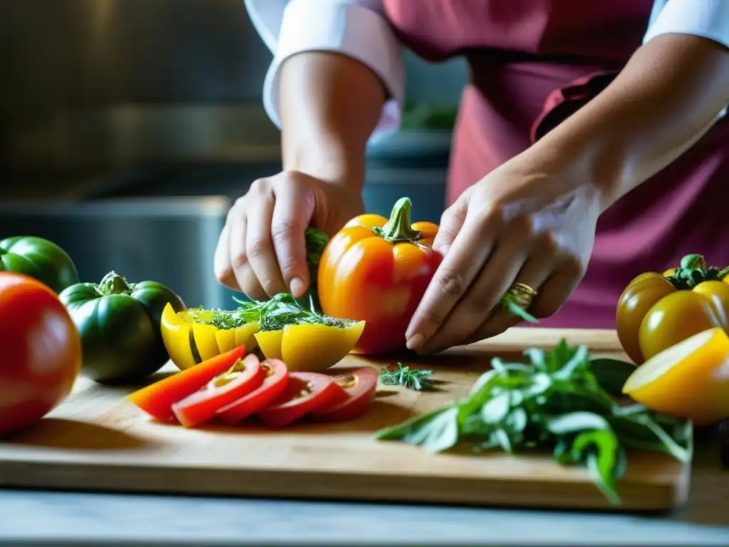 Manos expertas de una chef cortando ingredientes históricos, resaltando la importancia de las mujeres en la cocina y la historia