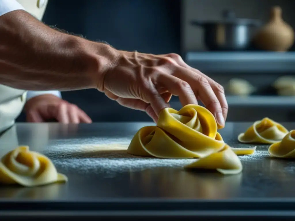 Las manos expertas de un chef italiano creando tortellini, mostrando técnicas tradicionales