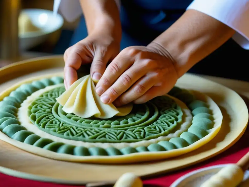 Manos expertas de chef amasando masa para dumplings de la Ruta de la Seda, fusionando recetas históricas culturas épocas