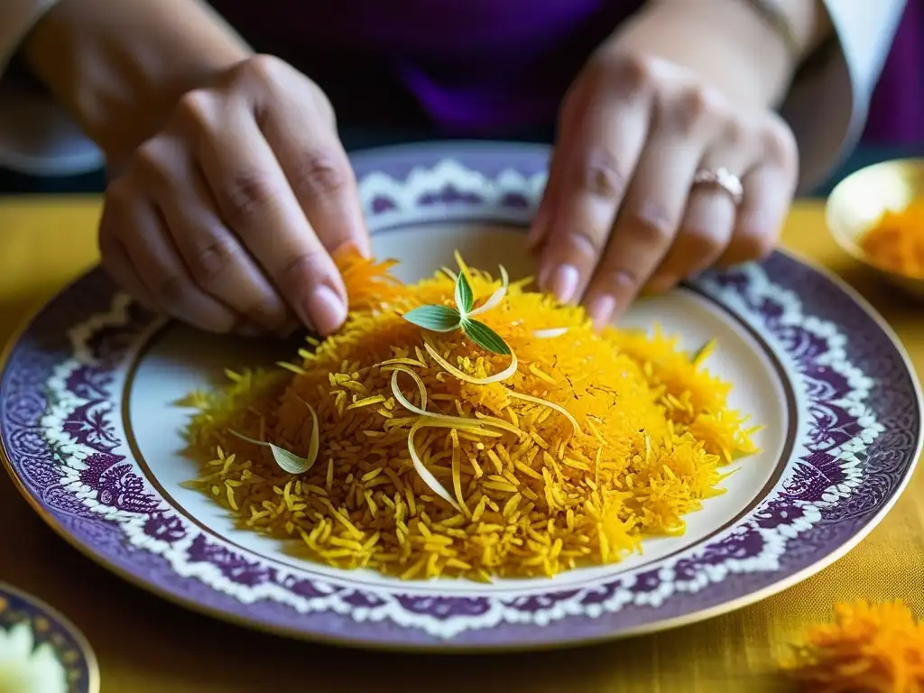 Manos expertas de chef persa esparciendo azafrán sobre arroz colorido, mostrando la hospitalidad y arte culinario persa