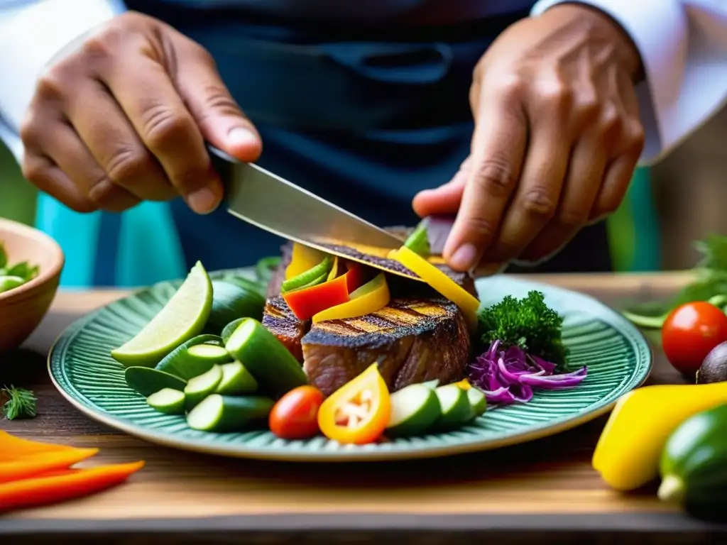 Manos expertas de chef peruano preparando receta histórica del Festival Machu Picchu