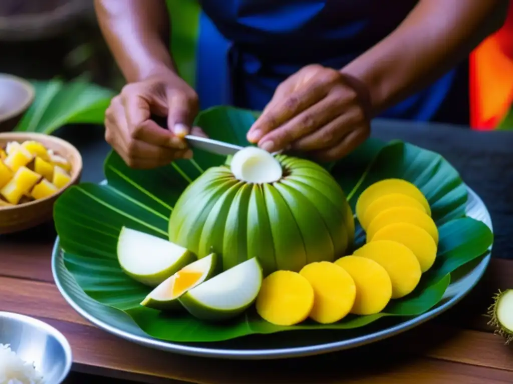 Las manos expertas de un chef preparando un plato tradicional en Micronesia, destilando historia culinaria