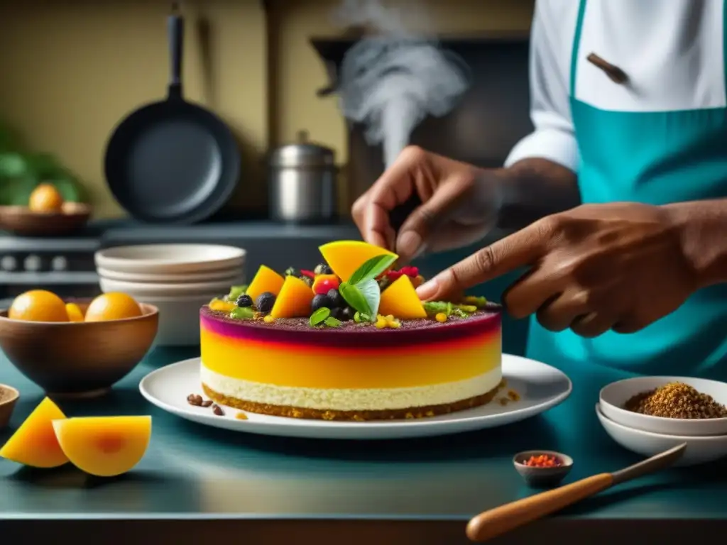 Las manos expertas de un chef preparando un postre caribeño histórico con influencia caribeña en postres históricos