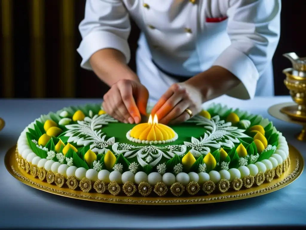 Manos expertas de chef ruso creando adornos de azúcar, reflejando la influencia de academias culinarias en chefs rusos