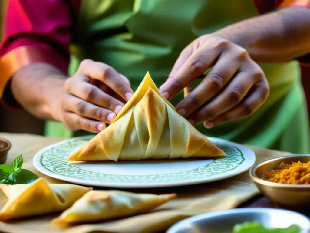 Las manos expertas de un chef Mughal creando samosas con filo, revelando los secretos de la Cocina Real Mughal ingredientes secretos