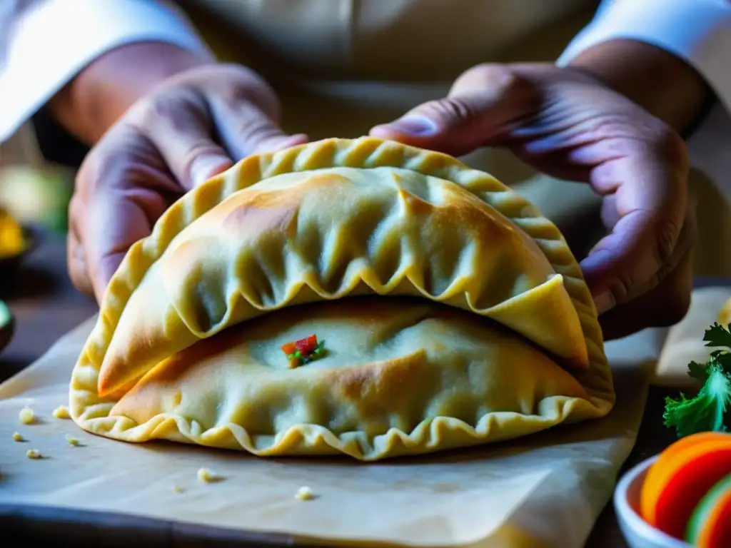 Chef sudamericano experto preparando empanadas tradicionales Manos expertas de chef sudamericano preparando empanadas, fusionando inmigración y cocina en Sudamérica