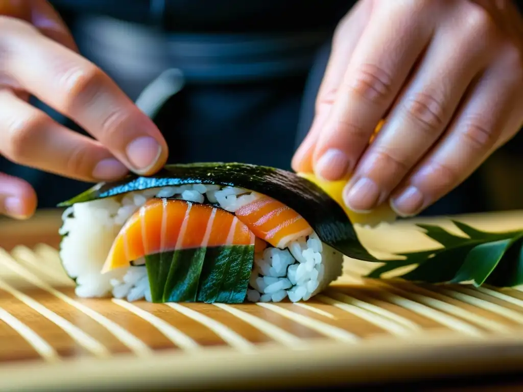 Manos expertas de un chef de sushi creando con precisión un rollo de sushi, reflejando el origen y evolución del sushi