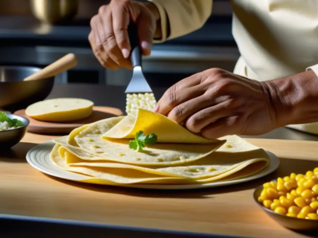 Las manos expertas de un chef tradicional doblan una tortilla de maíz, fusionando técnicas culinarias antiguas y modernas