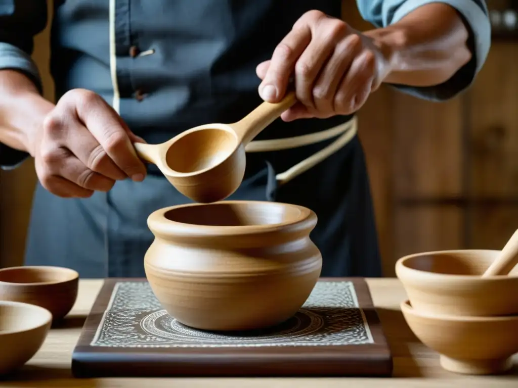 Artesanía culinaria ancestral: manos expertas en acción Las manos expertas de un chef usando utensilios de cocina tradicionales renacimiento