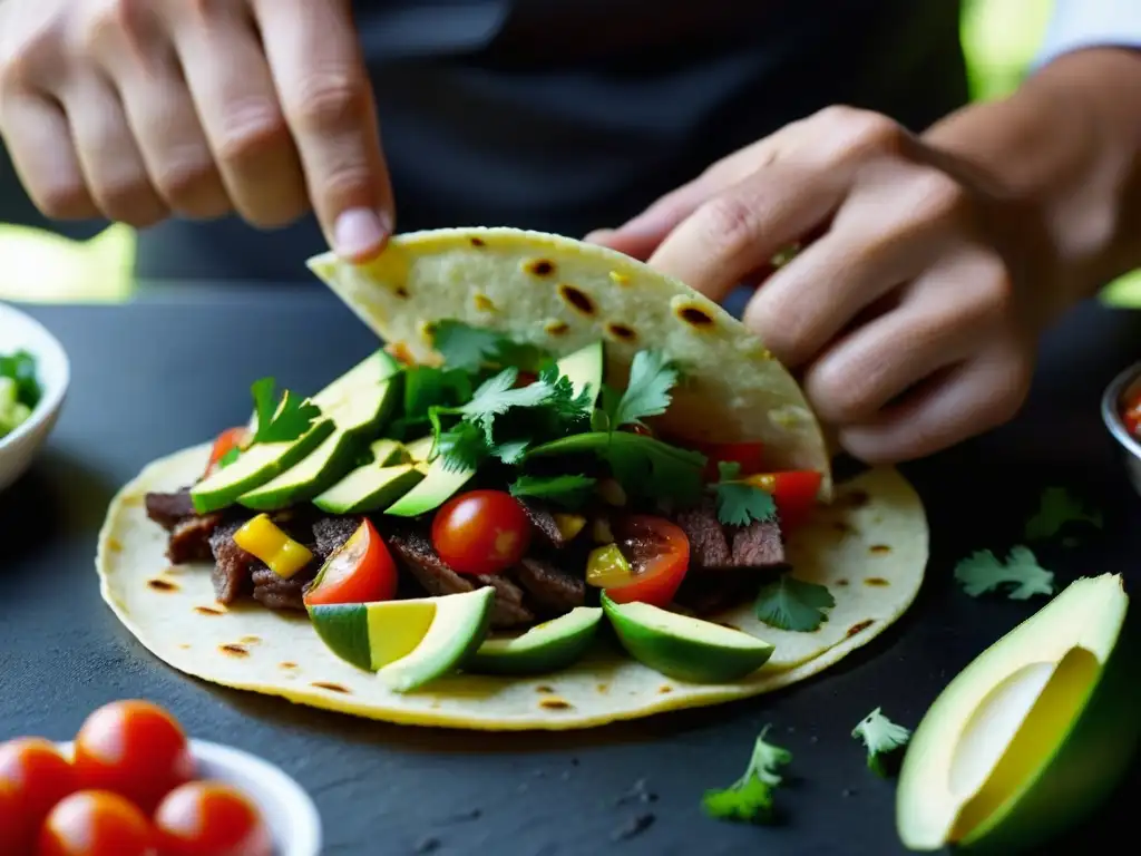 Las manos expertas de un chef arman un vibrante taco con innovaciones modernas cocina mexicana