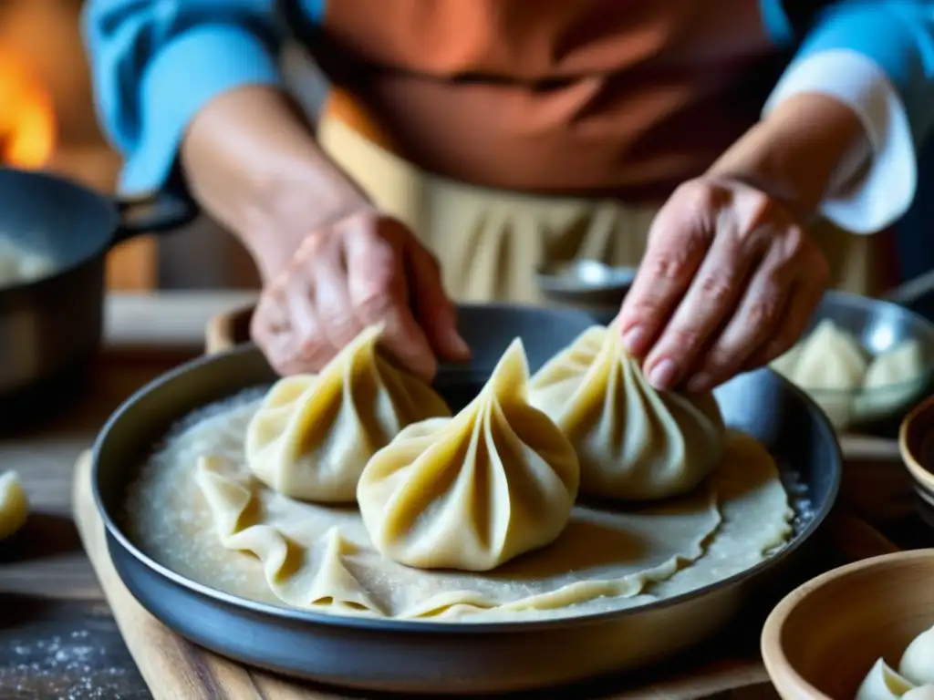 Manos expertas moldeando dumplings en cocina rústica del Este, con utensilios vintage y ollas humeantes