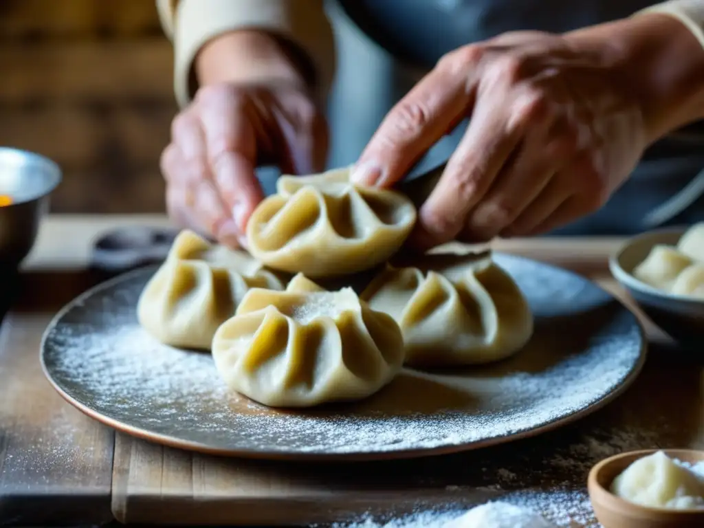 Manos expertas moldeando dumplings en cocina tradicional de Europa del Este