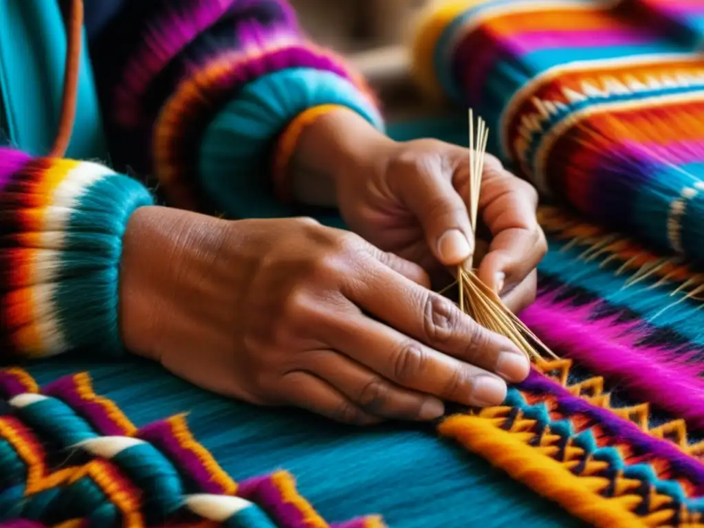 Manos expertas tejiendo una colorida tela andina con lana de alpaca, resaltando la importancia cultural de llamas y alpacas