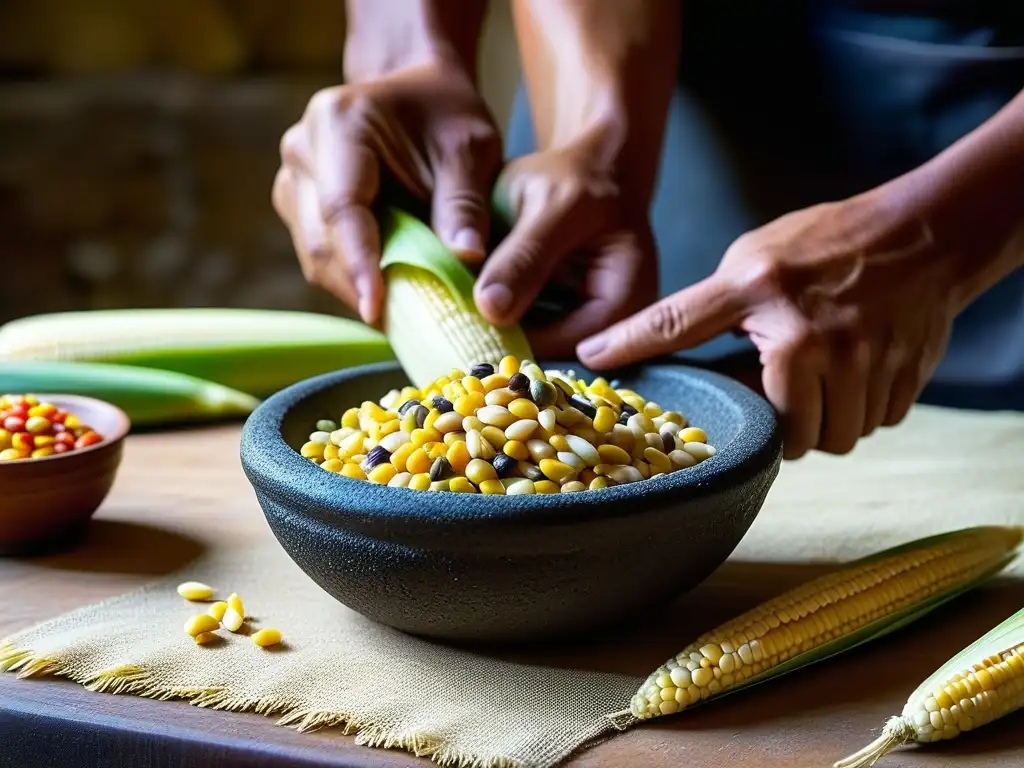 Unas manos expertas muelen maíz colorido en metate de piedra, destacando la tradición y la importancia histórica del maíz en la cocina latinoamericana