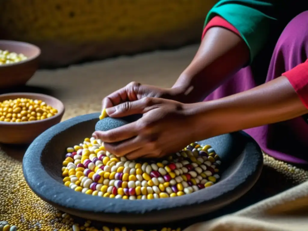 Manos expertas moliendo maíz colorido en metate, reflejando la conexión cultural en la Ruta maíz cadena alimentaria Latinoamérica