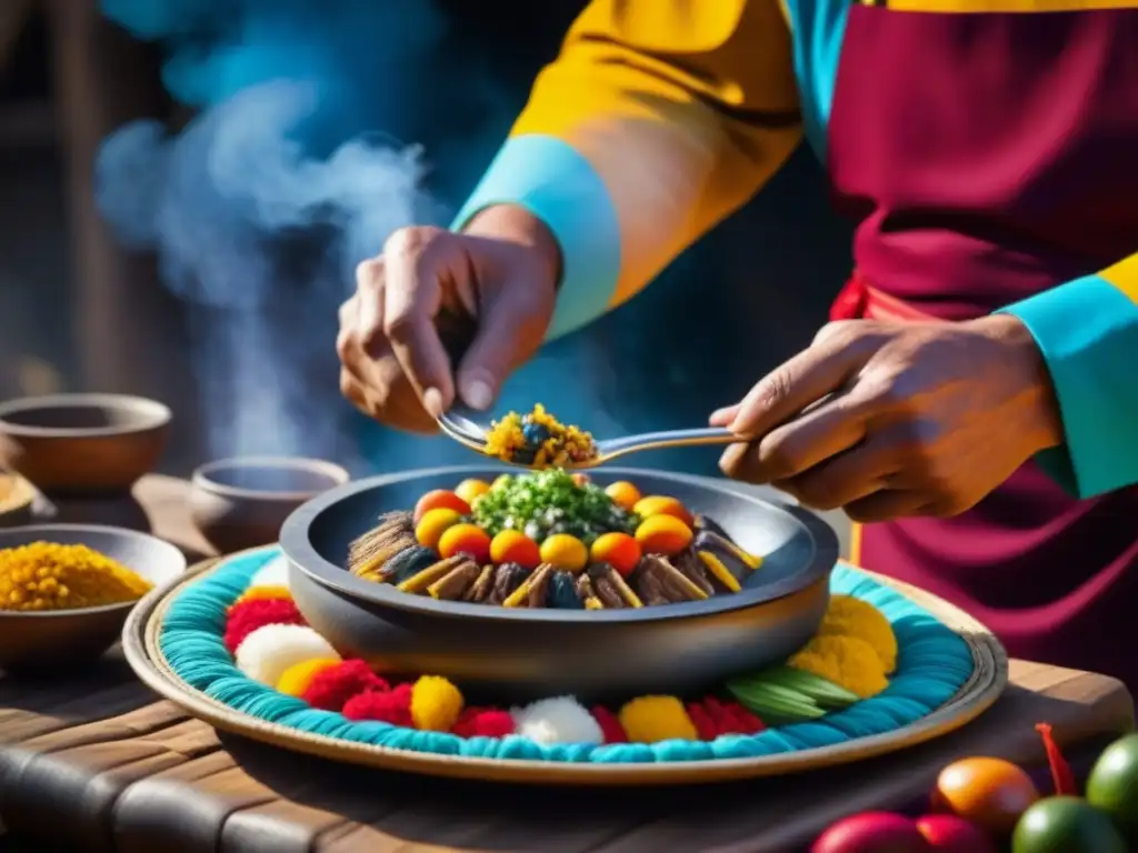 Manos expertas preparan Comida Inti Raymi festín sagrado en detalle y colorido