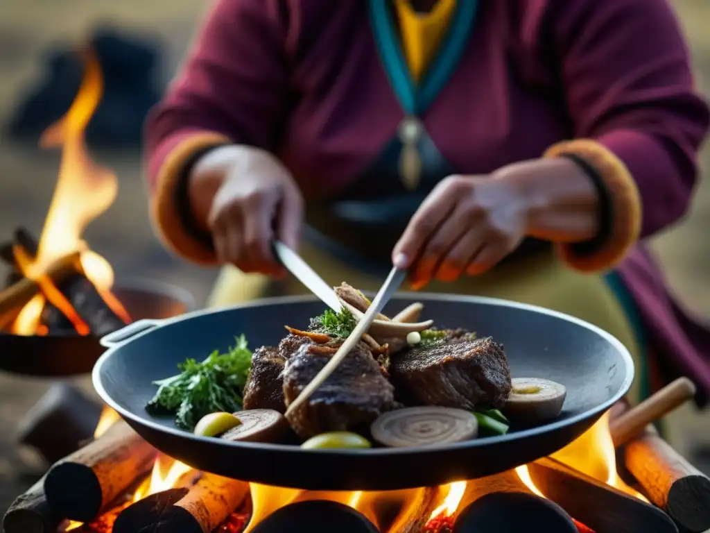 Manos expertas preparando cordero patagónico sobre fuego, evocando recetas históricas y culturales de la Patagonia