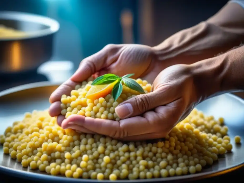 Manos expertas moldeando couscous, reflejando la influencia árabe en la cocina norte de África