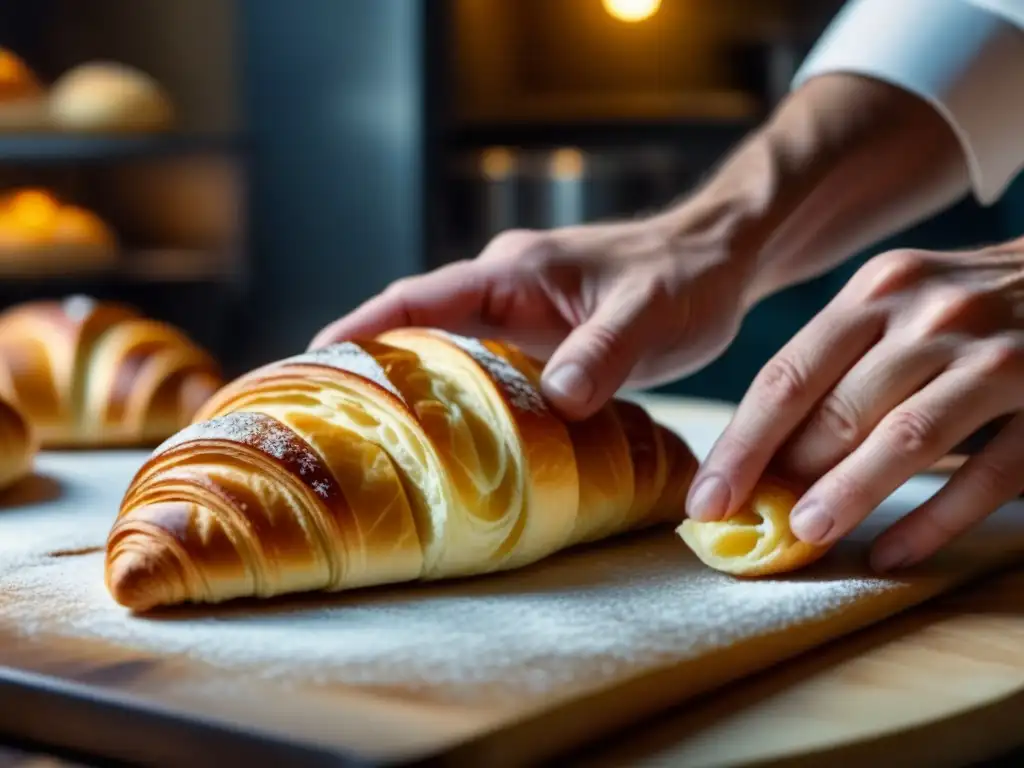 Manos expertas creando un croissant en una panadería parisina