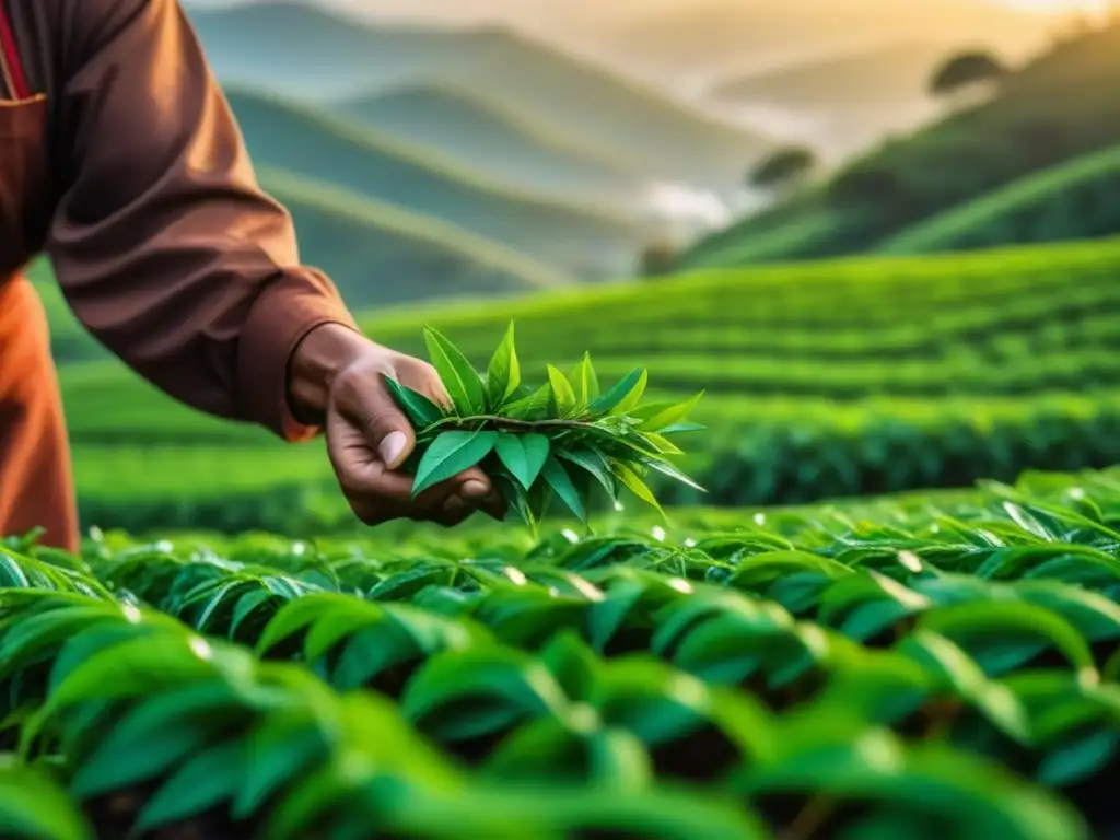 Manos expertas cosechan con cuidado hojas de té en plantación al amanecer, destacando la belleza y destreza en la producción de té