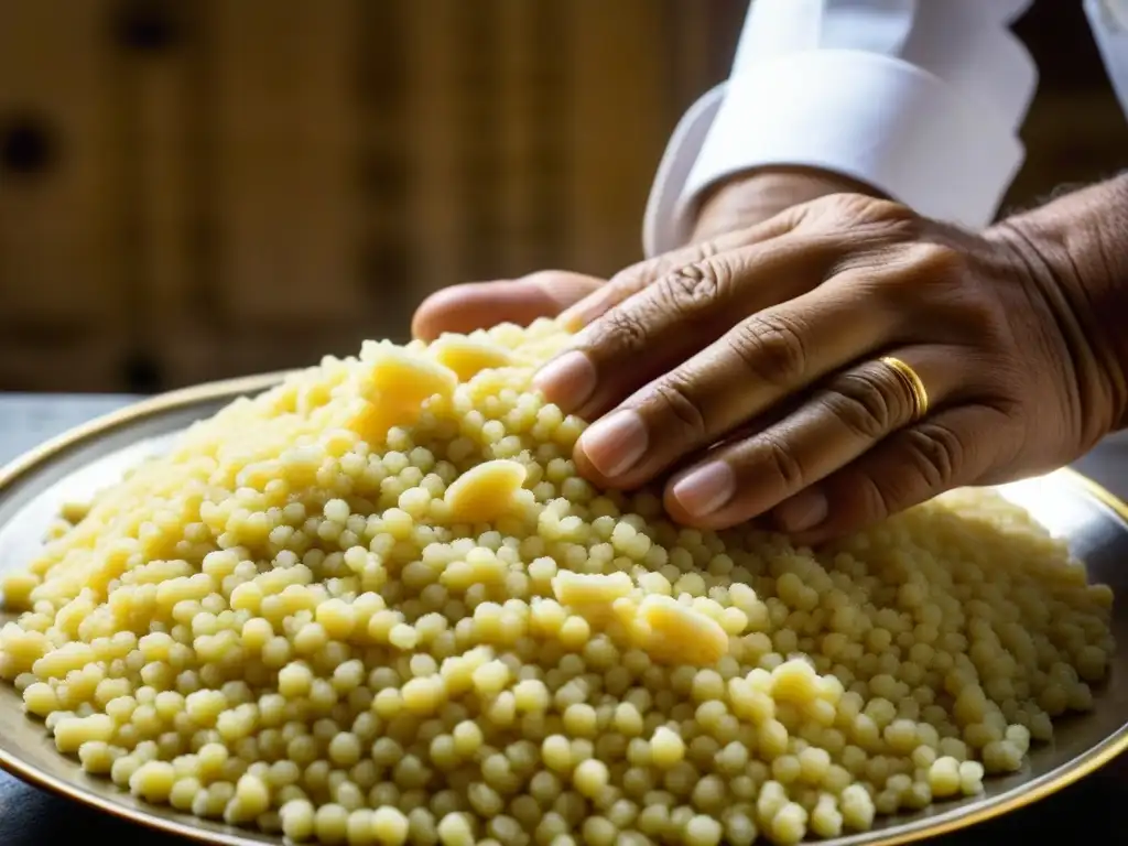 Manos expertas moldeando cuscús en tradición culinaria festividades Magreb, reflejando arte ancestral