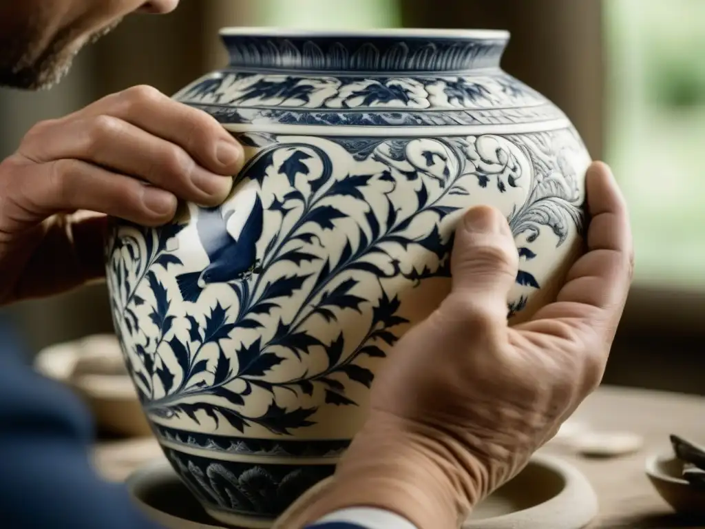 Restauración meticulosa de antiguo jarrón de porcelana Manos expertas restauran con delicadeza una antigua vasija de porcelana, resaltando la historia y la precisión de la restauración cerámica