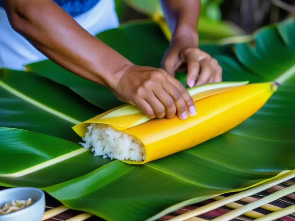 Manos expertas envuelven un delicado paquete de pescado con hojas de plátano en la preparación de un festín tradicional micronés