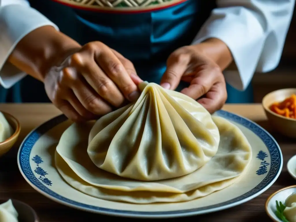 Manos expertas pliegan un delicioso dumpling mongol, fusionando técnicas culinarias con sabores indios