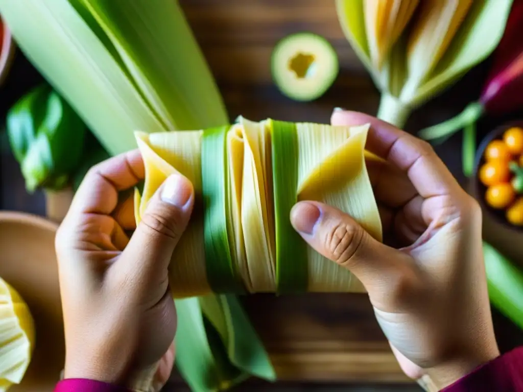 Manos expertas preparando un delicioso tamal, destacando el arte y color de la cocina criolla