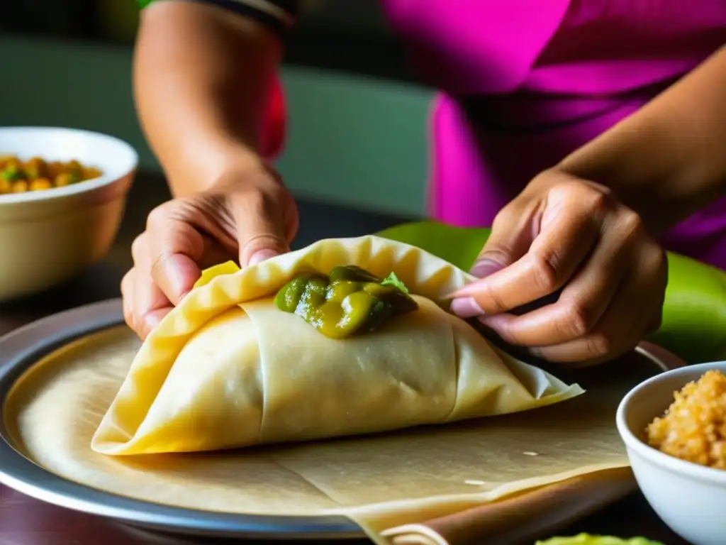 Unas manos expertas moldean con destreza un wantán relleno, mostrando la fusión culinaria y la dedicación en la receta wantanes rellenos historia