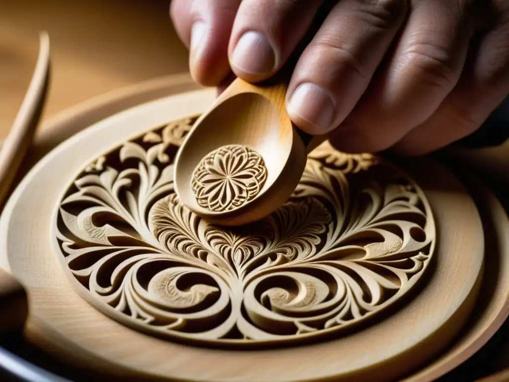 Artesano tallando a mano una cuchara de madera Manos expertas esculpen detalles en cuchara de madera