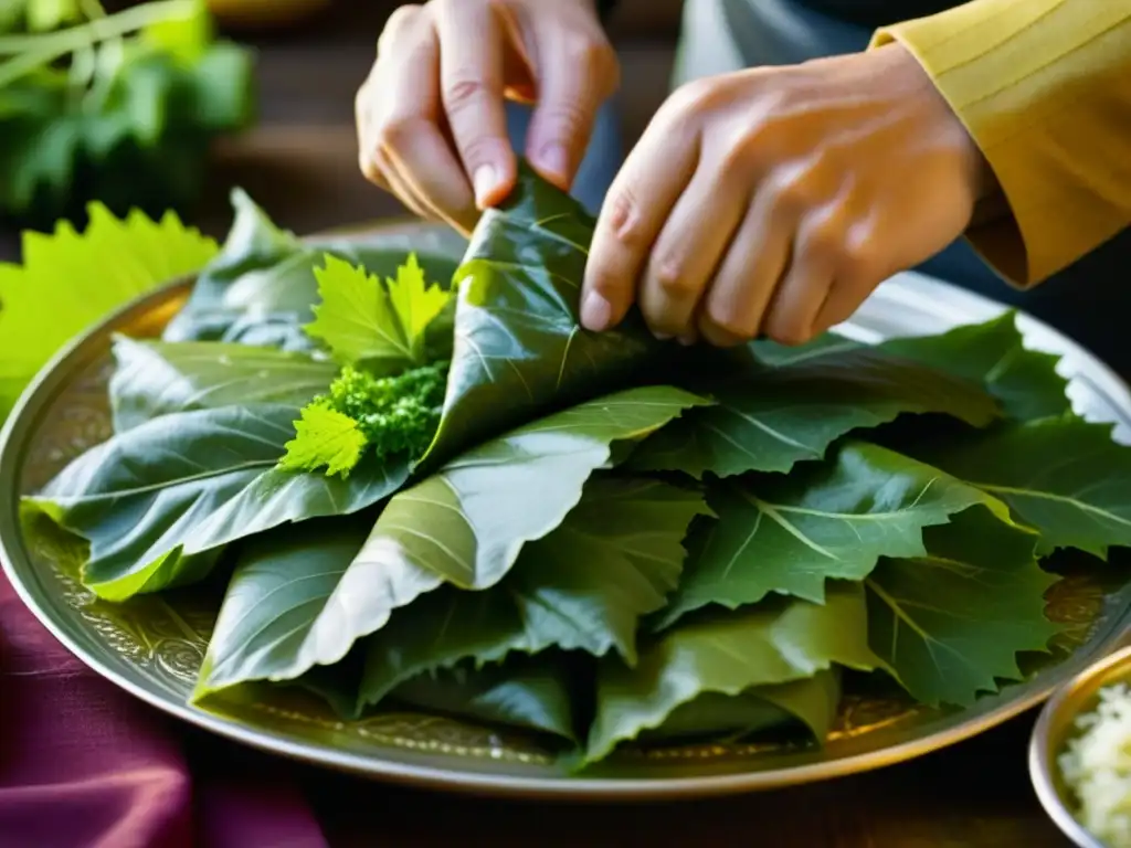 Manos expertas preparando dolma y sarma, resaltando la tradición culinaria otomana