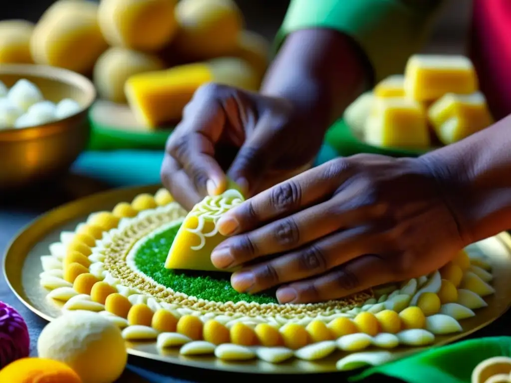 Manos expertas crean dulces Sankranti con recetas históricas, resaltando colores vibrantes y detalles artesanales