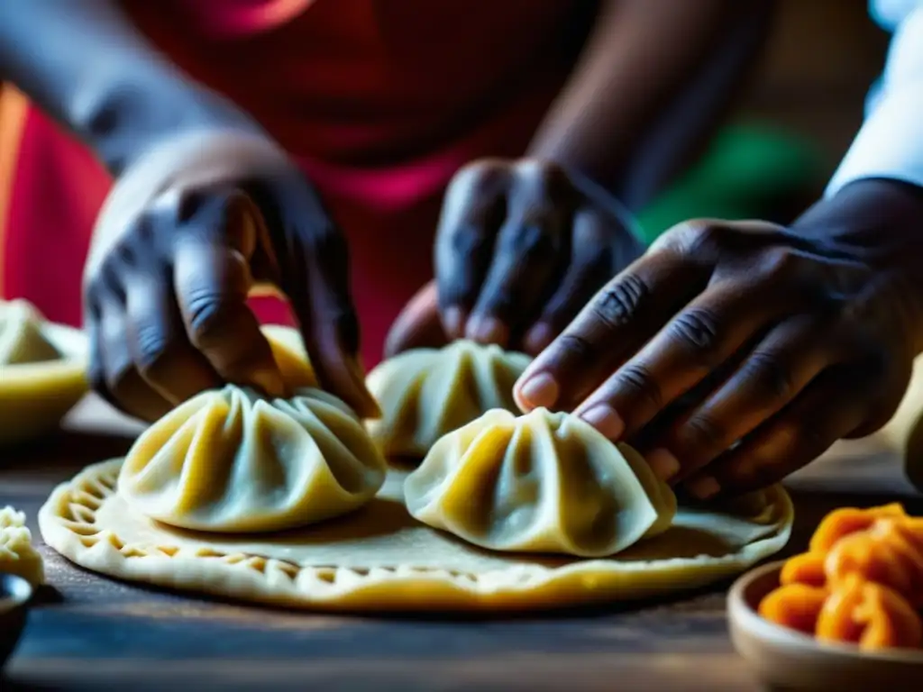 Manos expertas moldeando dumplings africanos, reflejando texturas y colores vibrantes