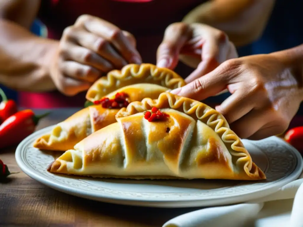 Unas manos expertas moldeando empanadas españolas con ingredientes vibrantes