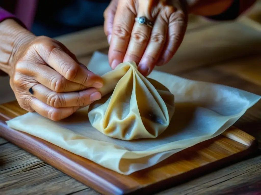 Manos expertas pliegan envoltorios de dumplings, resaltando la tradición culinaria asiática