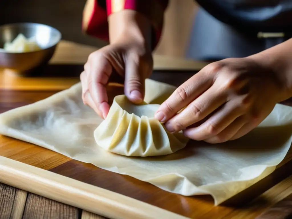 Manos expertas preparando envolturas de dumplings, mostrando influencias asiáticas en cocina europea