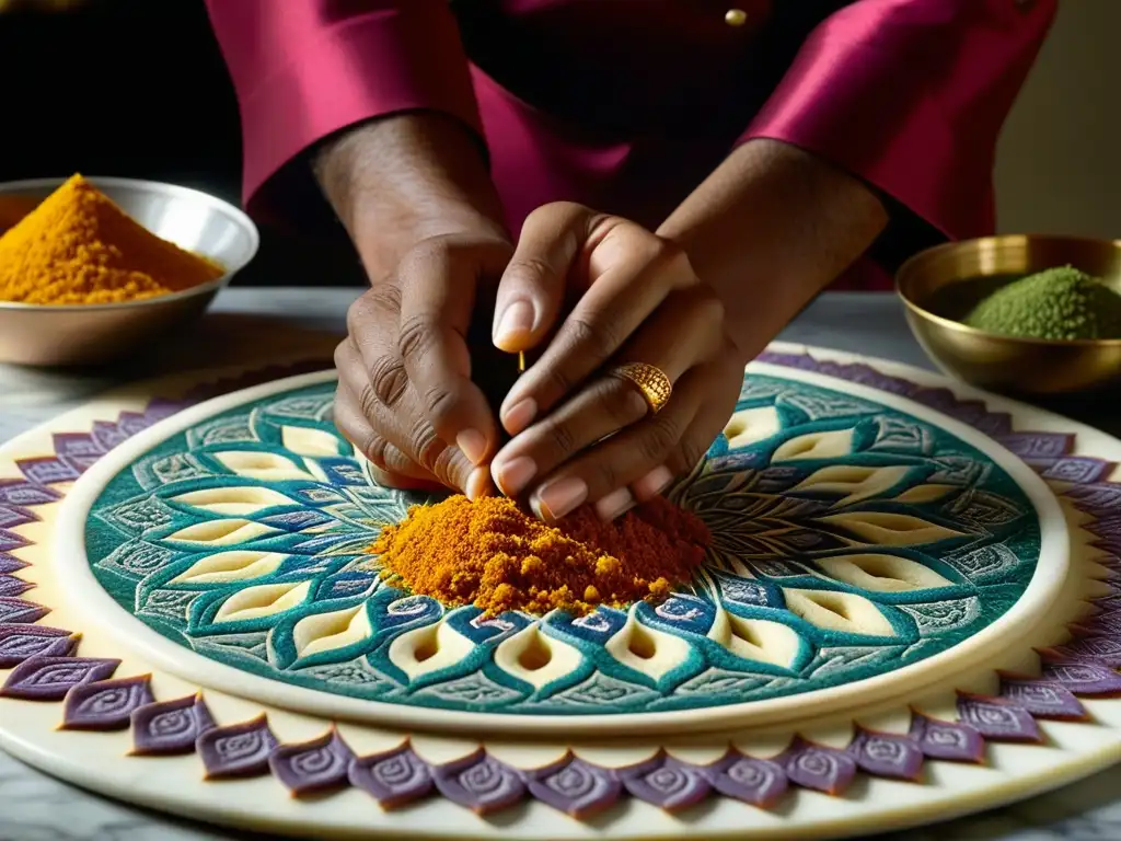 Manos expertas moldeando especias con precisión en la cocina Mughal siglo XXI