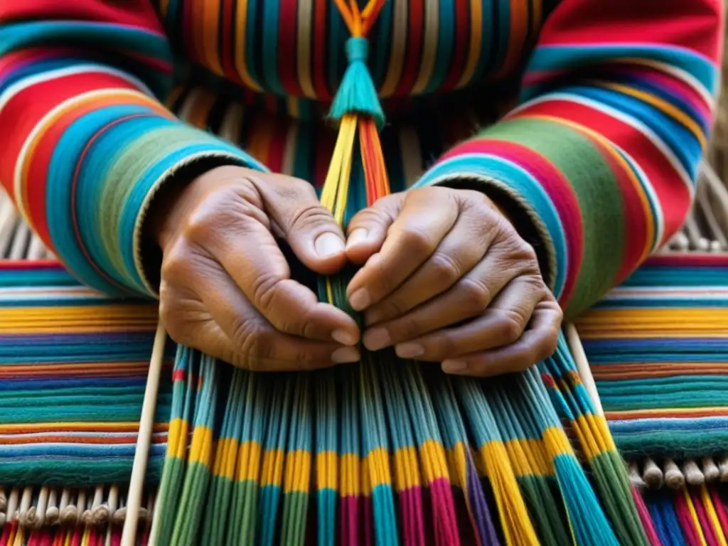 Manos expertas entrelazando fibras naturales en la elaboración de textiles andinos, destacando la precisión y belleza de las técnicas antiguas