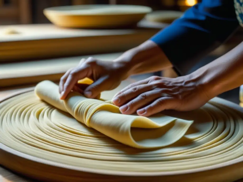 Manos expertas preparando fideos a mano en la Ruta de la Seda, evocando recetas históricas culturas épocas