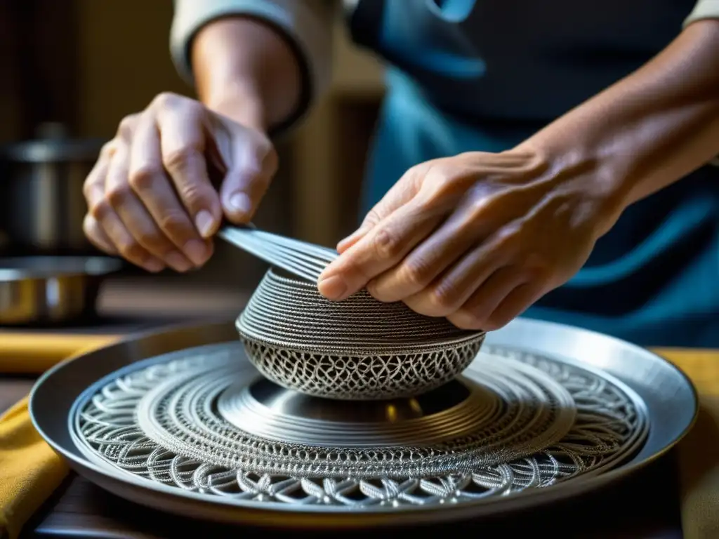 Manos expertas tejiendo filigrana de plata en utensilio de cocina, historia de la artesanía filigrana en la cocina