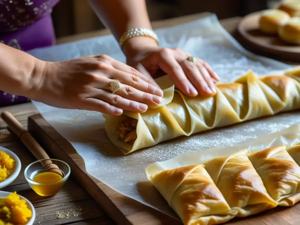 Unas manos expertas elaboran filo para baklava armenia, con anillos de plata y especias exóticas