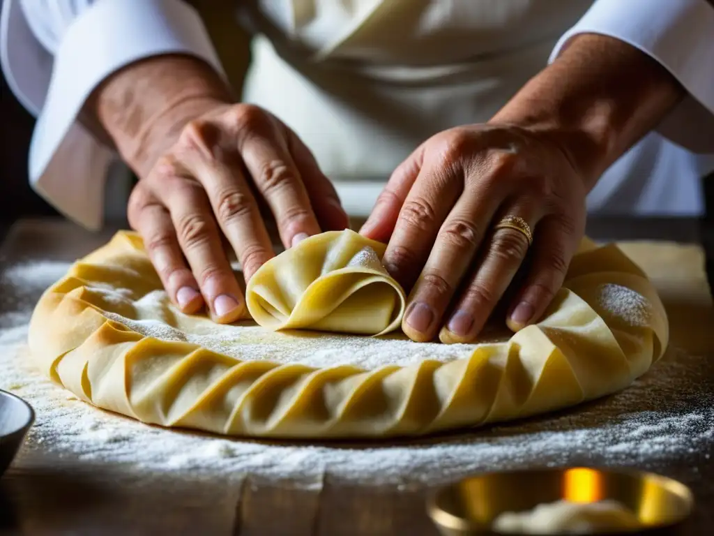 Manos expertas elaborando filo en Bagdad Califato Abásida, destacando la técnica culinaria ancestral