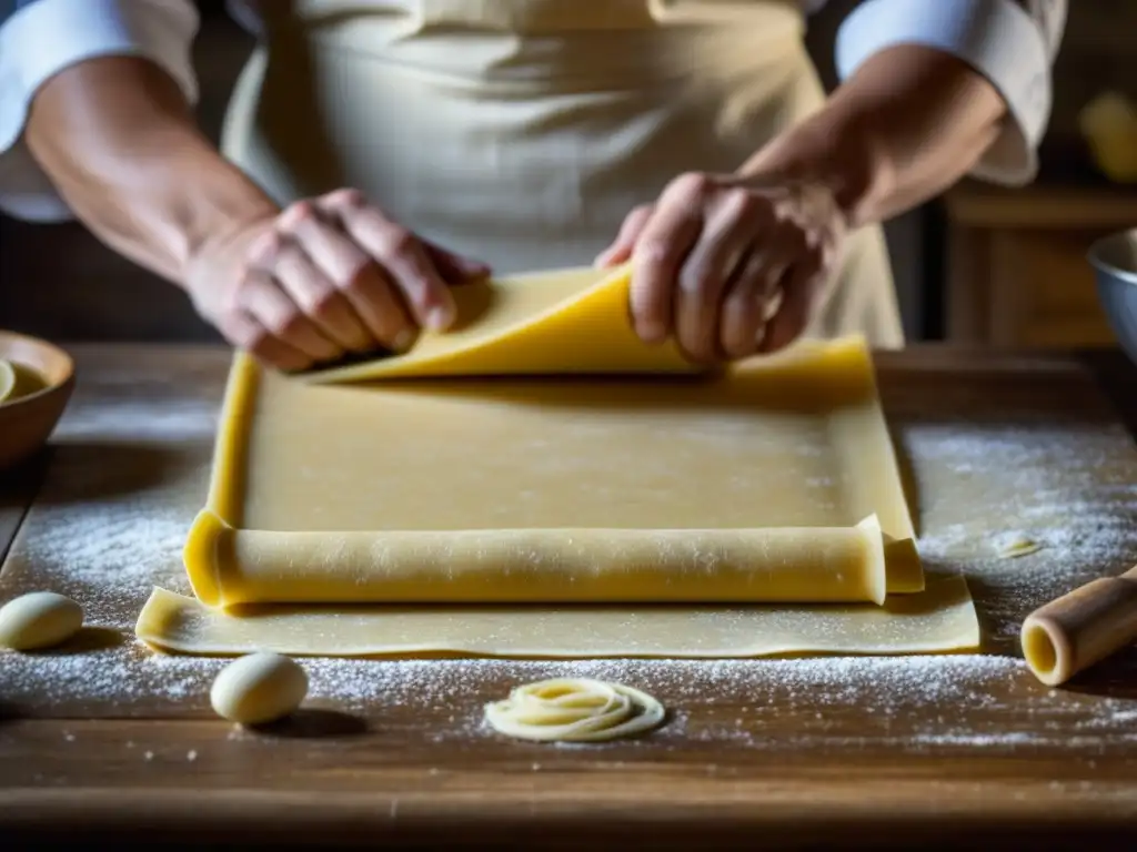 Unas manos expertas amasan finas capas de masa fresca para pasta, evocando la autenticidad culinaria de las recetas históricas Toscana medieval
