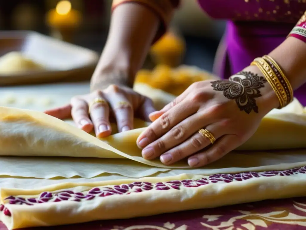 Manos expertas crean finas capas de masa filo en un mercado del Medio Oriente, mostrando la artesanía y cultura de la región